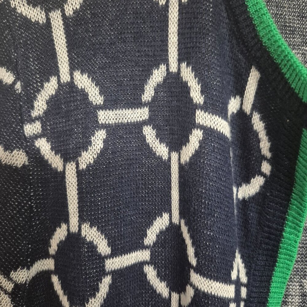 C by Bloomingdales Navy & White Chain Pattern Open Front Cardigan With Green Tri - Picture 2 of 7